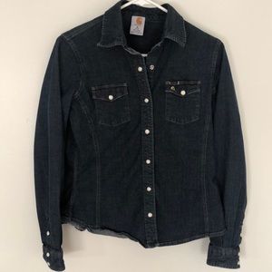 Woman’s medium Carhartt pearl snap denim shirt with pencil holder pocket detail